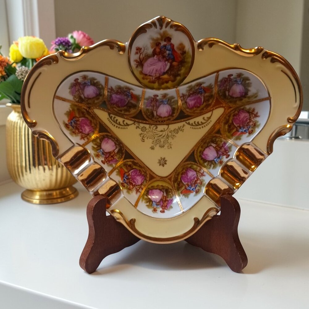 Vintage West Germany Porcelain Triangular Trinket Dish Ashtray Courting Couple